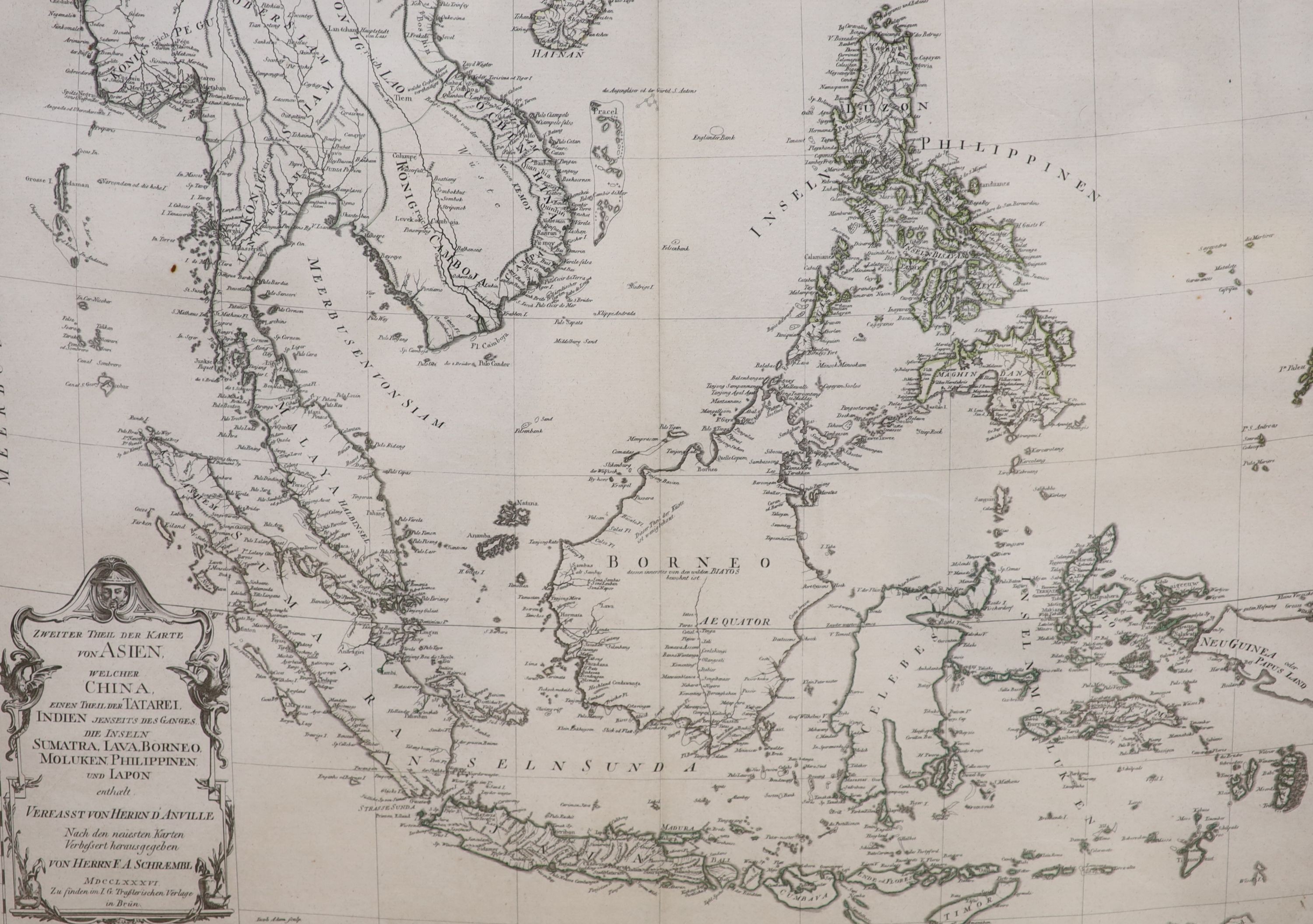 Von Herrn F.A.Schraembl, an engraved two part map of Asia including China, 1786, 50 x 70cm.